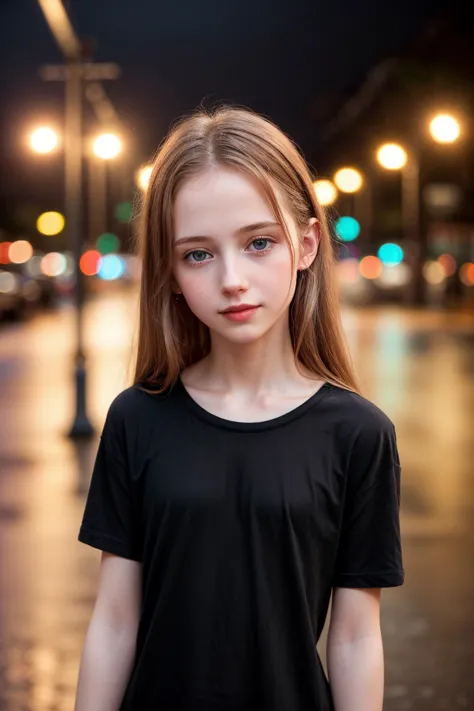 nsfw, (midnight:1.2), Street lights,  girl  in the street, (black t-shirt:1.2),  pale skin, blush,  outdoors, smile, sunny, (rai...