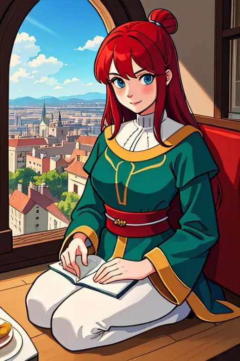 ((fantasy)), (medieval:1.2), window, city, (view:1.2), a young female adventurer, (red hair), (cloth tunic:1.1), sitting, seiza,...