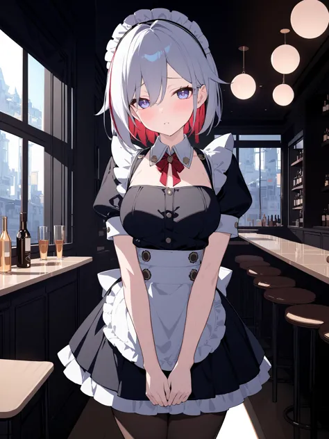 masterpiece, best quality, perfect features, intricate details, ray tracing, very aesthetic, (hitenkei, askzy:0.4), 1girl, topaz \(honkai: star rail\), solo, maid, maid headdress, maid apron, embarrassed, pantyhose, open mouth, blush, parted lips, looking at viewer, cowboy shot, bar \(place\), indoors, depth of field  <lora:Char-HonkaiSR-Topaz-XL-V1:0.8>