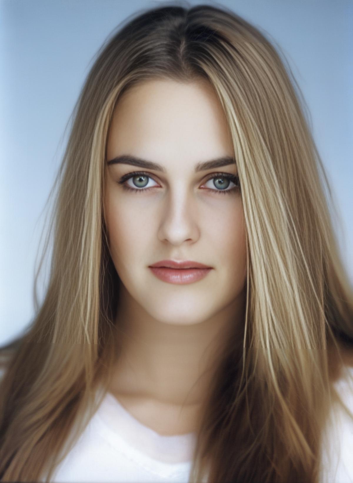 Eine Frau mit langen Haaren und blauen Augen posiert für ein Foto ...