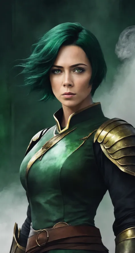 samburskaya, solo, dark green hair, green-hazel eyes, 
middle shot,
(watercolor painting:0.8), [humble breast]
creating a stark contrast to her calculating demeanor,and surrounded by billowing smoke,making it a poignant, ancient, ArtStation, armored dress,...