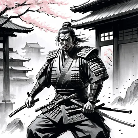 drawix6, dwx6,Un boceto al lápiz que captura un momento tenso en el que un solitario samurai japonés, impasibles y decididos, se enfrenta a una multitud de ninjas sigilosos que emergen de las sombras. El samurai se encuentra en primer plano, su armadura detallada con finas líneas, su katana desenvainada y lista. Los ninjas, representado con trazos dinámicos, aparecen casi como susurros en la niebla, sus movimientos fluidos y amenazantes. La escena está ambientada en un antiguo paisaje japonés, con la sugerencia de un templo y árboles de cerezo esbozados en el fondo, añadiendo un contraste sereno a la batalla inminente