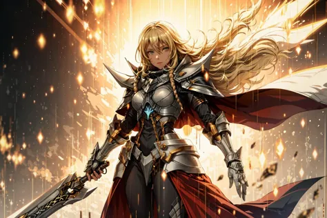 absurdres, (best quality), (masterpiece),(ultra-detailed:1.2),(photorealistic:1.1),ultra high res,cowboy shot,
Arianrhod,(lance:1.1),armor, knight, shoulder armor,gauntlets, breastplate, black bodysuit,red waistcloak, cape,
1girl,(holding a weapon:1.1),bokeh,floating particles,yellow particles,
glowing,wind,(lightning:1.1),
(abstract background:1.2),swirling ,
Sy3,
