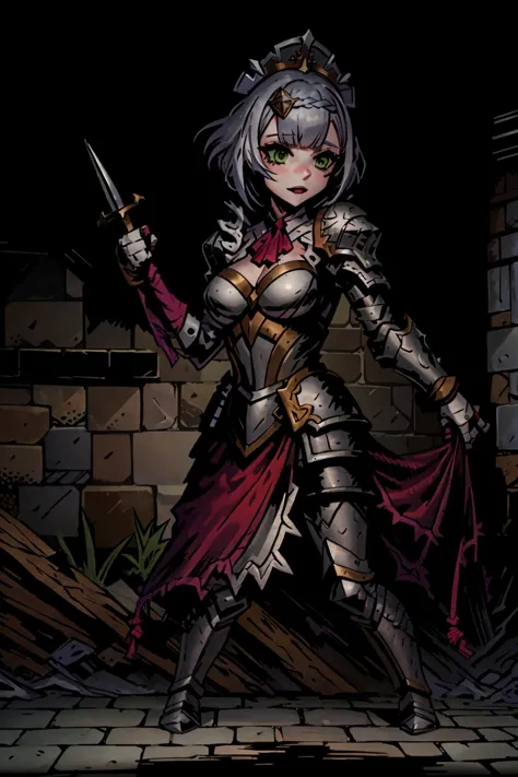 <lora:Noelle:0.6> , noelle \(genshin impact\), short hair, silver hair, large breasts, maid, green eyes,
 <lora:DarkestDungeonV2:0.8>, ddstyle, the ruins,
armor, greatsword, dungeon, dark, holding sword,
standing, full body,
monochrome, muted color, sharp focus, (8k), (4k), (Masterpiece), (Best Quality), intricate, hyper detailed, illustration, high resolution, highres, uncensored, 1 girl, solo, female focus, solo female