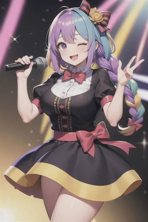 haired girl in a kawaii girl outfit sings with microphone, 1girl, microphone, one eye closed, virtual youtuber, solo, multicolor...