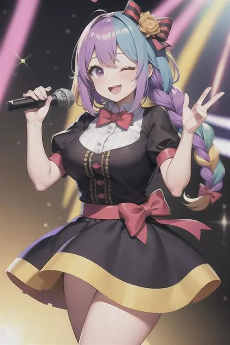 haired girl in a kawaii girl outfit sings with Mikrofon, 1 Mädchen, Mikrofon, ein Auge geschlossen, virtual youtuber, Allein, mehrfarbige Haare, Halten, Halten Mikrofon, Brüste, gefärbtes Innenhaar, lächeln, Bogen, offener Mund, lila Augen, Haarverzierung, Betrachter betrachten, flechten, verführerisches Hemd, large Brüste, blue Bogen, Bogentie