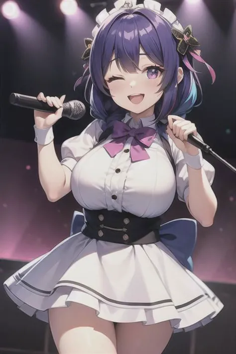 haired girl in a kawaii girl outfit sings with microphone, 1girl, microphone, one eye closed, virtual youtuber, solo, multicolored hair, holding, holding microphone, breasts, colored inner hair, smile, bow, open mouth, purple eyes, hair ornament, looking at viewer, braid, seductive shirt, large breasts, blue bow, bowtie