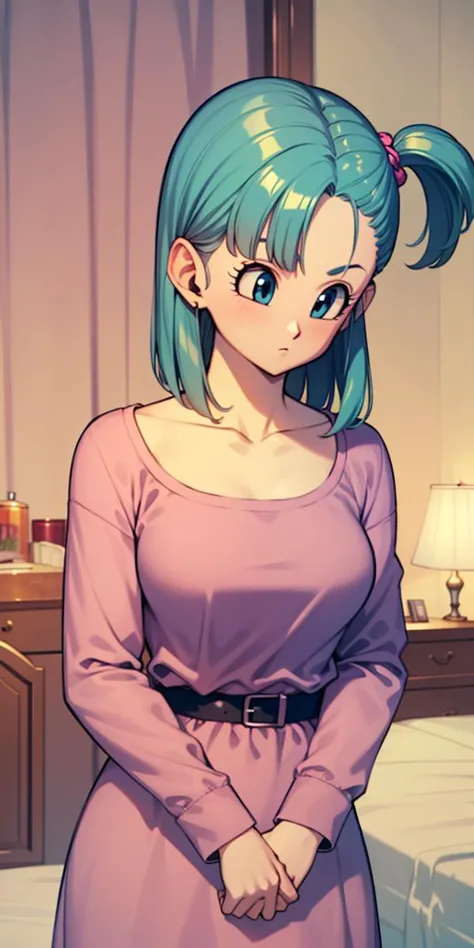 highly detailed, best quality, masterpiece, dragon ball, blmsdup, bulma, aqua hair, one side up, pink dress, long sleeves, colla...