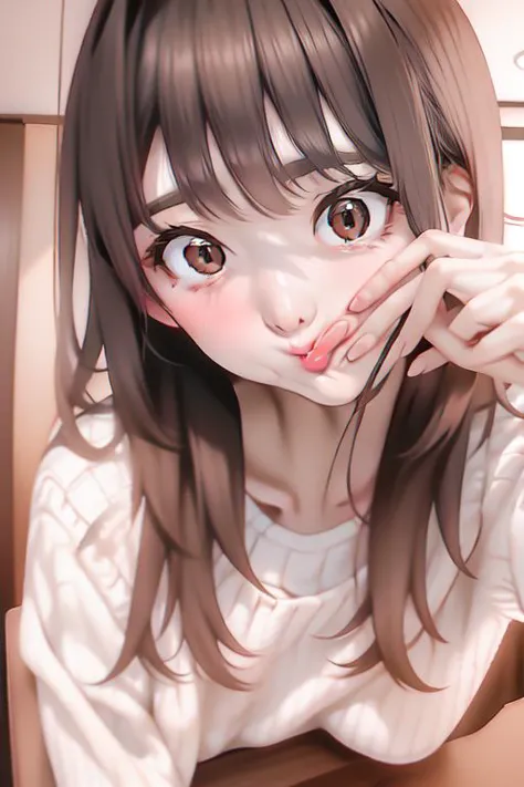 anime girl with long hair and brown eyes sitting at a table