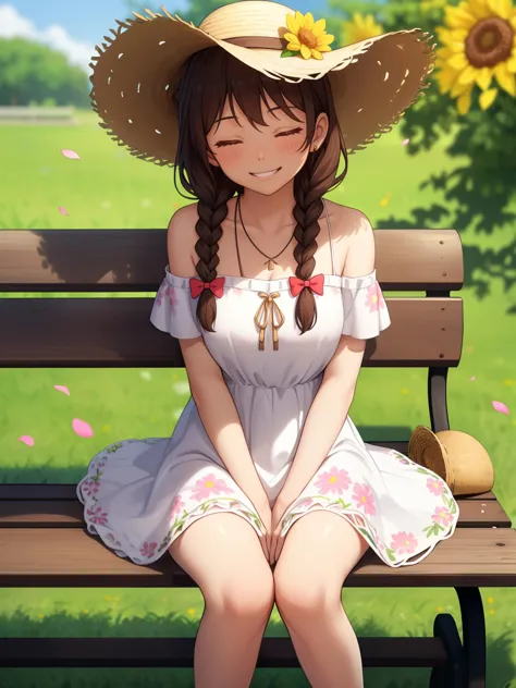 (masterpiece) (best quality),looking at viewer, 1girl, solo, smile, sitting, hat, shoulder cutout, braid, dress, brown hair, (cl...