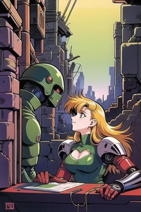 1990s (style) retro artstyle,deedlit, record of lodoss war, 1girl, solo, (((cyberpunk))), cyborg, robot, mechanical arms, upper ...