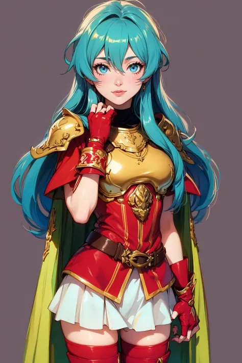 <lora:Char_fe-Eirika:0.9> 1girl, long hair, aqua hair, blue eyes, solo, blue hair, red , gloves, gold cape, skirt, thighhighs, j...