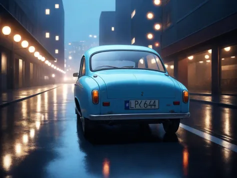 professional 3d model cinematic film still breathtaking anime artwork light blue 60s polish compact car, riding on empty road during rainy night, wet asphalt reflecting the lights of street lamps on the road, illuminated buildings of a modern city in the background  epic still shoot <lora:add-detail-xl:1> <lora:60s polish compact car:1> . anime style, key visual, vibrant, studio anime, highly detailed . award-winning, professional, highly detailed . shallow depth of field, vignette, highly detailed, high budget Hollywood movie, bokeh, cinemascope, moody, epic, gorgeous, film grain, grainy . octane render, highly detailed, volumetric, dramatic lighting