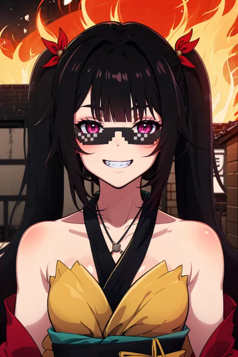 masterpiece, best quality, absurdres, 1girl, solo, life-size-body, upper body, grin, burning house behind, Sparkle, twintails, black hair, bangs, pink eyes, kimono, incrsdealwithit, sunglasses