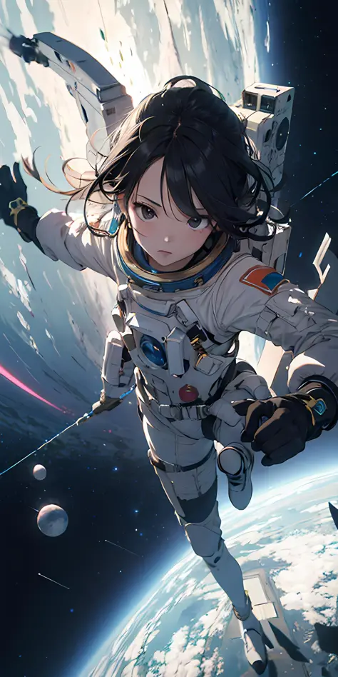 absurd res, high res, (masterpiece:1.4), ultra-detailed, 1girl, from above, space, floating