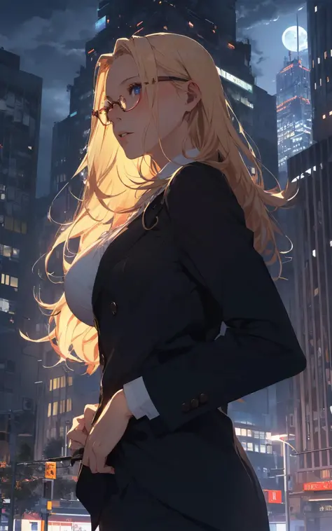 masterpiece, best detail ,(distinct_image), extreme  cg,
delicate beautiful woman, (large breast, blond hair,  glasses, dressing suit  ),looking looking up from intersection,
building, decollate skyscraper,  tower,  clock tower,  stacking,  skyline, 
from ...