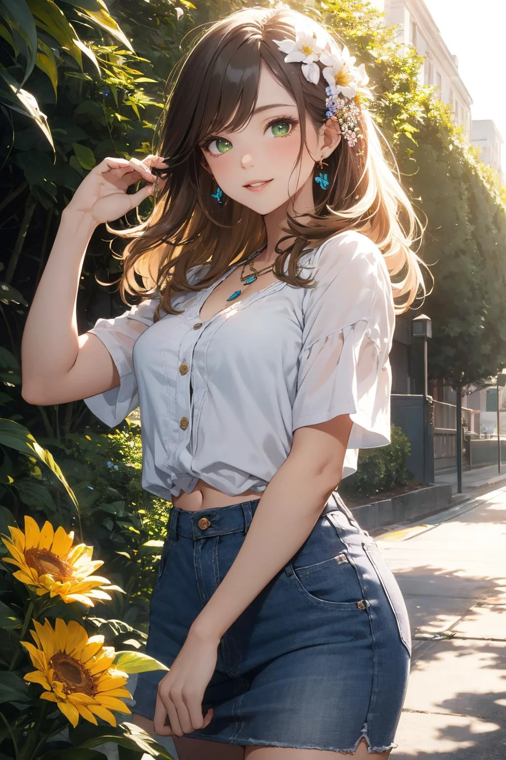 CG, unity, 8k, wallpaper, (masterpiece), (best quality),(1girl:1.3),best lighting, complex pupils, complex textile, detailed background, park, evening, sunny, upper body, from front, smiling, slender, smooth skin, green eyes, white blouse, denim skirt, sandals, necklace, (flower, butterfly, sunbeam),