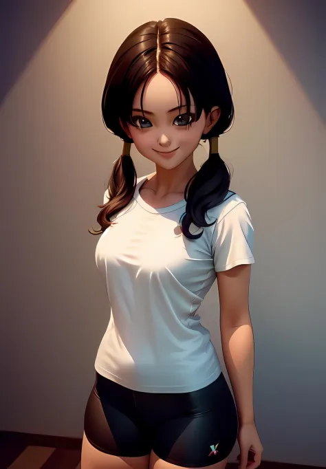 <lora:Videl:0.8>, Videl, 1girl, solo, smile, white shirt, bike shorts,, (acclaimed, alluring, captivating, exciting, gorgeous, striking:1.3), (trending on CGSociety, trending on pixiv, contest winner:1.3)