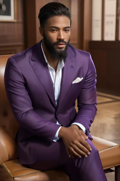 man sitting cross-legged with hands resting on thighs, mahogany textured crop, long boxed beard, wearing purple blazer, birthmar...