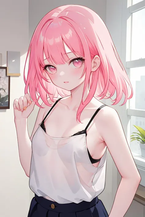 anime girl with pink hair and white shirt posing in front of window