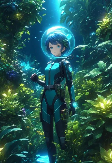 (best quality, masterpiece, absurdres, highres, ultra_detailed:1.2), Pretty (1girl:1.15), ((full body diving suit)), weight belt, (diving watch), fins, lama scuba helmet, swimming, (dynamic pose:1.5), ((underwater)), exploring an underwater sci-fi utopian garden, (ancient alien city:1.25), biomes, bioluminescence, (deep sea:1.4), (ocean abyss:1.4), (close-up:1.75), upper body, dim blue lighting, volumetric lighting, cinematic lighting, caustics, futuristic, <lora:EnvyGardencoreXL01:0.8>, <lora:lama_scuba_helmet-xl-v2-000012:0.4>