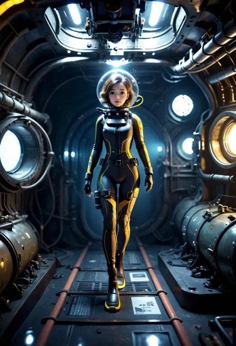 (best quality, masterpiece, absurdres, highres, ultra_detailed, dynamic angle:1.2), photography of 1girl, full body bodysuit, lama scuba helmet, glowing cybernetics, inside a an ancient ww2 submarine wreckage, walking, (in dynamic pose:1.3), solo, alone, dark, futuristic, sci-fi, (intricate details, hyperdetailed:1.15), (ultrahigh resolution textures), bokeh, (volumetric, cinematic, dim) lighting, caustics, depth of field, DonMM4ch1n3W0rldXL, <lora:lama_scuba_helmet-xl-v2-000012:0.5>, <lora:DonMM4ch1n3W0rldXL:0.4>