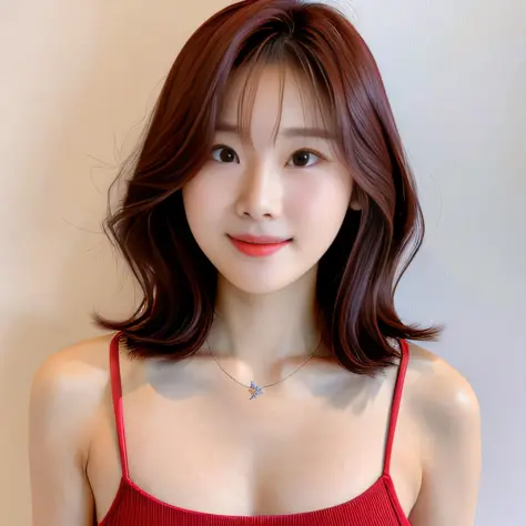 kawahara ,   best quality, very high resolution, (photorealistic:1), 1 girl, with Bralette dress, short hair, korean girl, formal, head, face only, (face only) , (official, front ), red lips