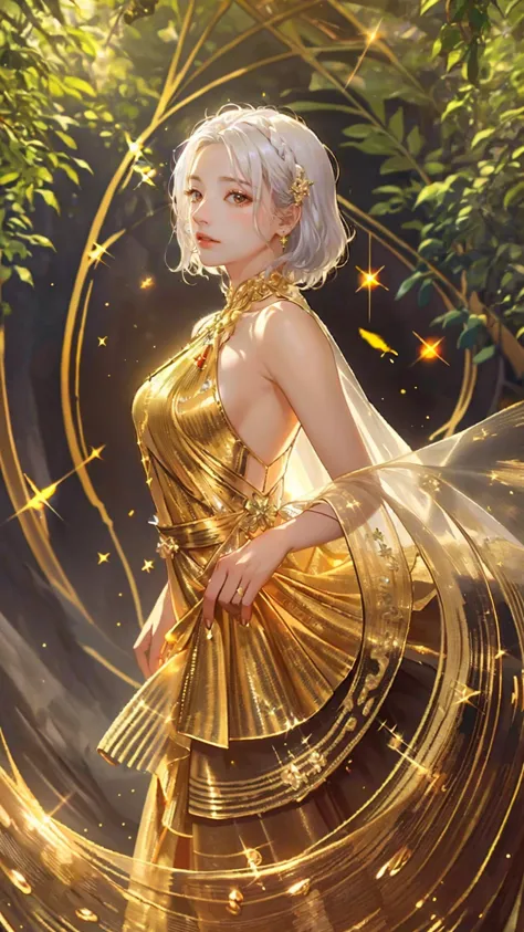 masterpiece, best quality,highres, 1girl, jinmeng, golden layered dress, sparkle, see-through, jewelry, white hair, sunlight,  <...