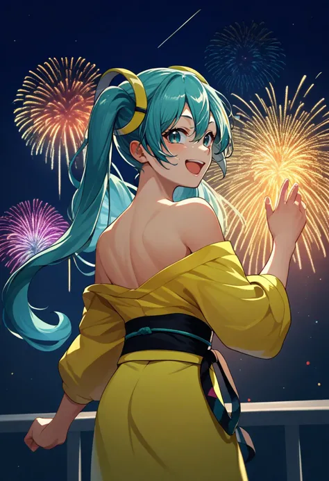 a woman in a yellow dress holding a fireworks in her hand