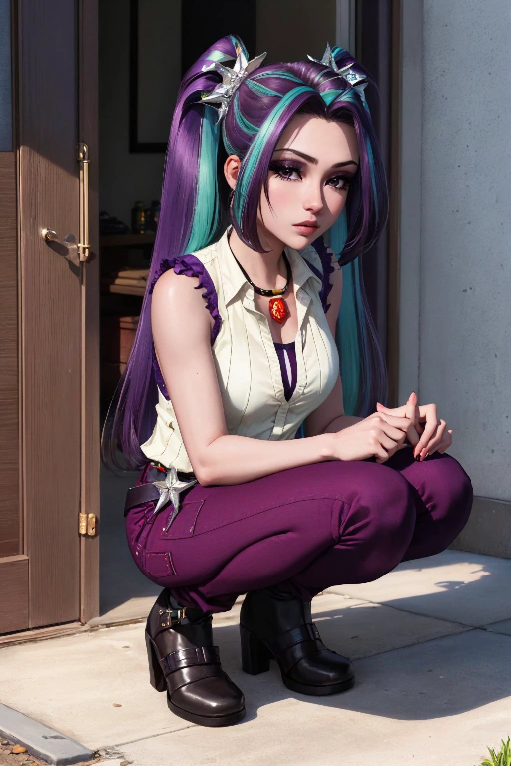 (masterpiece, best quality:1.2), solo, 1girl, mlparia, colored skin, purple skin, serious, looking at viewer, squatting, twintails, hair ornament, sleeveless shirt, purple pants, shoes, belt, jewelry, necklace