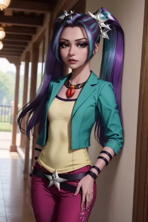 (masterpiece, best quality:1.2), <lyco:mlp_ariablaze-10:1.0>, cowboy shot, solo, 1girl, mlparia, colored skin, purple skin, unamused, looking at viewer, hand on hip, twintails, hair ornament, green jacket, purple pants, belt, jewelry, necklace