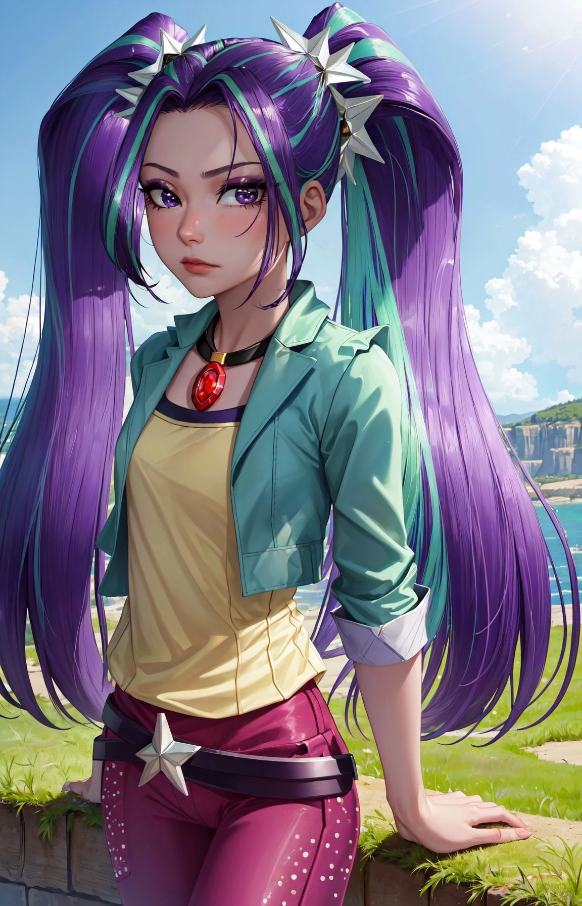 A woman with long purple hair and a green jacket is posing by a wall -  SeaArt AI