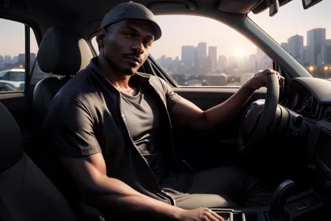 front view, hyperrealistic, (masterpiece), high details, ultra-realistic, photograph of (<lora:rhyheimsv3:1> rhyheims, black man, bald, facial hair, dark skin, male focus), sitting in a convertable, car interior, behind steering wheel, dashboard, carseat, front seat, looking at viewer, arm on car door, blurry commercial district background, bokeh, 32k, cinematic, midnight, (((tracksuit))), (((t-shirt))), baseball cap, (((SFW))),   rhyheims