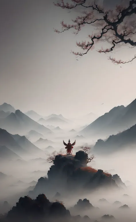 a person standing on a mountain with a bird flying over them