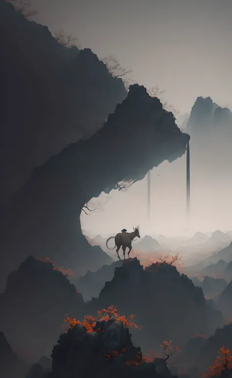 araffe on a horse standing on a mountain with a foggy sky