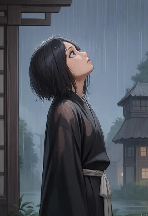 anime girl in kimono outfit looking up at the rain