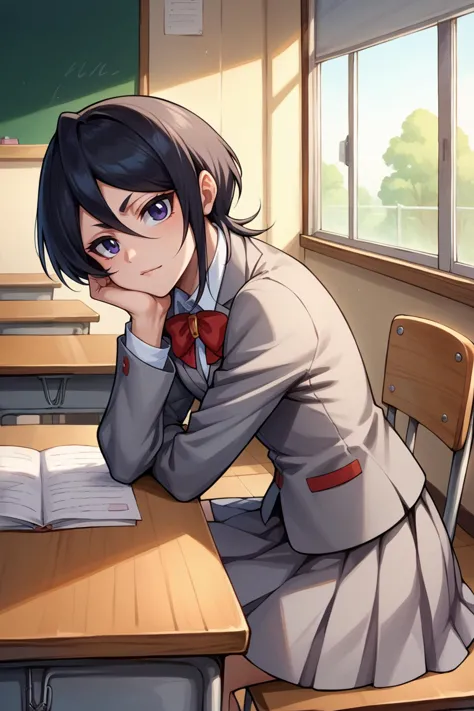 anime girl sitting at a desk with a book in her hand