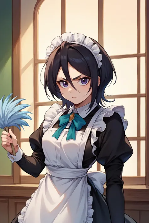 anime maid with a blue flower in her hand