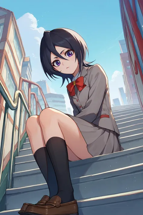 score_9, score_8_up, score_7_up, score_6_up, source_anime BREAK 1girl, solo,  <lora:rukia-pdxl-nvwls-v1-000006:1> defrka, black hair, black eyes, short hair, red bowtie, grey blazer, grey skirt, black socks, loafers, sitting, looking at you, stairs, city, blue sky