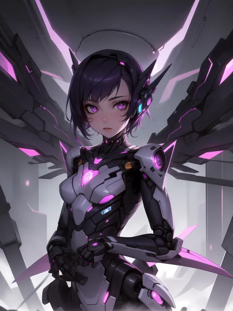 a woman with a sword and wings in a futuristic setting