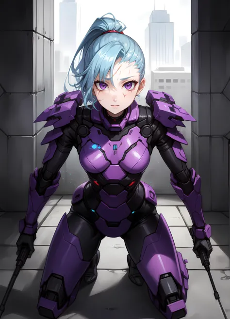 beautiful, (masterpiece), best quality, (extremely detailed face), extremely detailed eyes, perfect lighting, detailed, deep skin, textured skin, <lora:oil2.0_2-512-64:0.5> <lora:add_detail:0.4>, futurist soldier,  futurist  armor, cute girl, tatoo, scars, short light blue hair, ponytail, purple eyes, exoskeleton, laser weapons, crouching behind a wall,  futuristic war, <lora:raita:0.3>