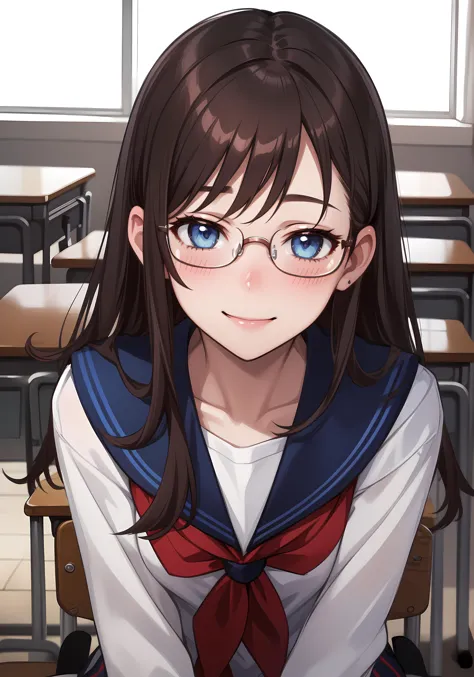 anime girl with glasses sitting in a classroom with desks