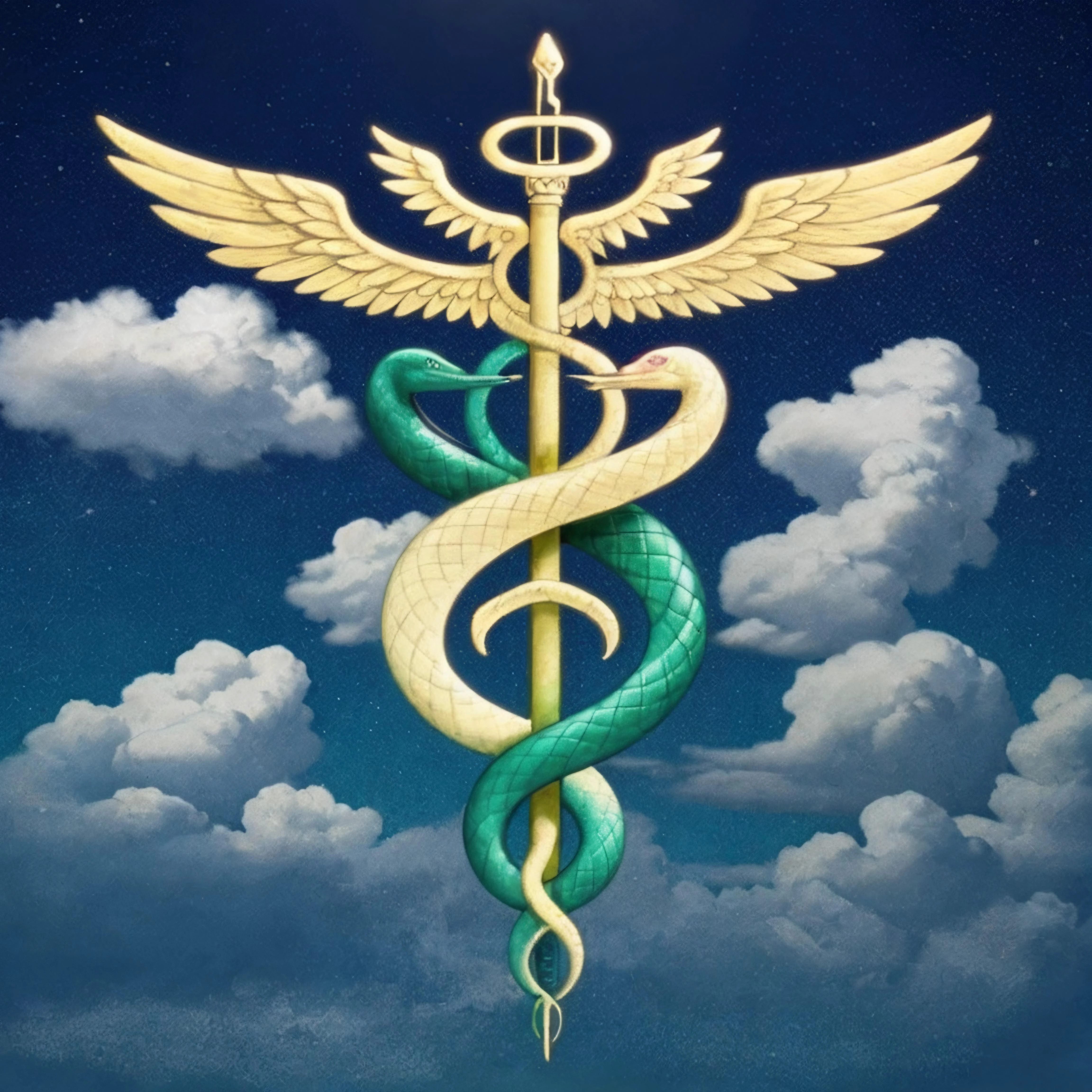 color,(Caduceus:1.2), symbol, mystic, symbol in the air, celestial, sky, clouds, two snakes entwined in the staff, 