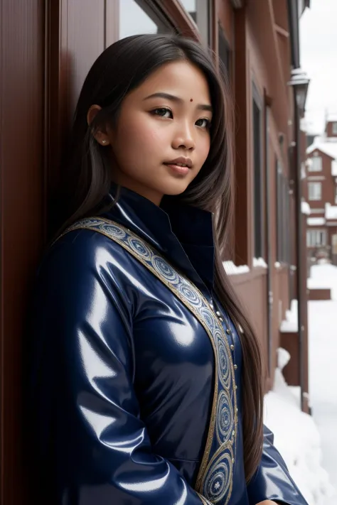 a close up of a woman in a blue jacket leaning against a wall