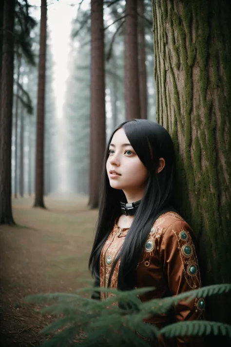 a woman standing in a forest with a tree trunk