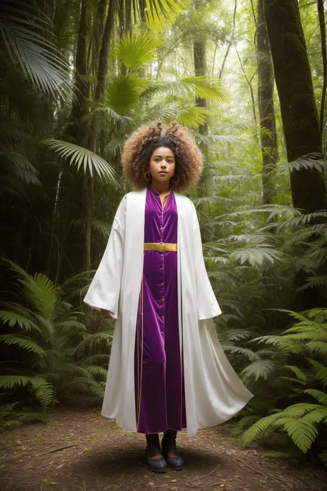 a woman in a purple dress and white robe standing in a forest