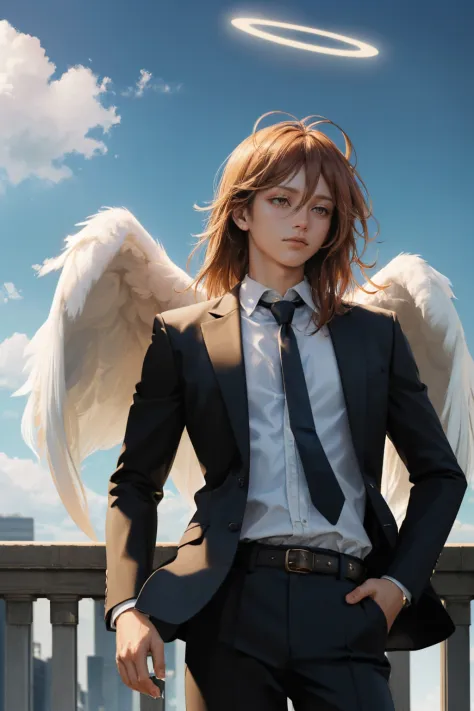 (masterpiece, best quality:1.2), cowboy shot, solo, male focus, 1boy, angeldevil, expressionless, looking away, halo, suit, black jacket, black necktie, black pants, angel wings, blue sky, clouds 