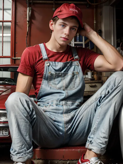 arafed man sitting on a car in a garage with a red shirt and blue overalls