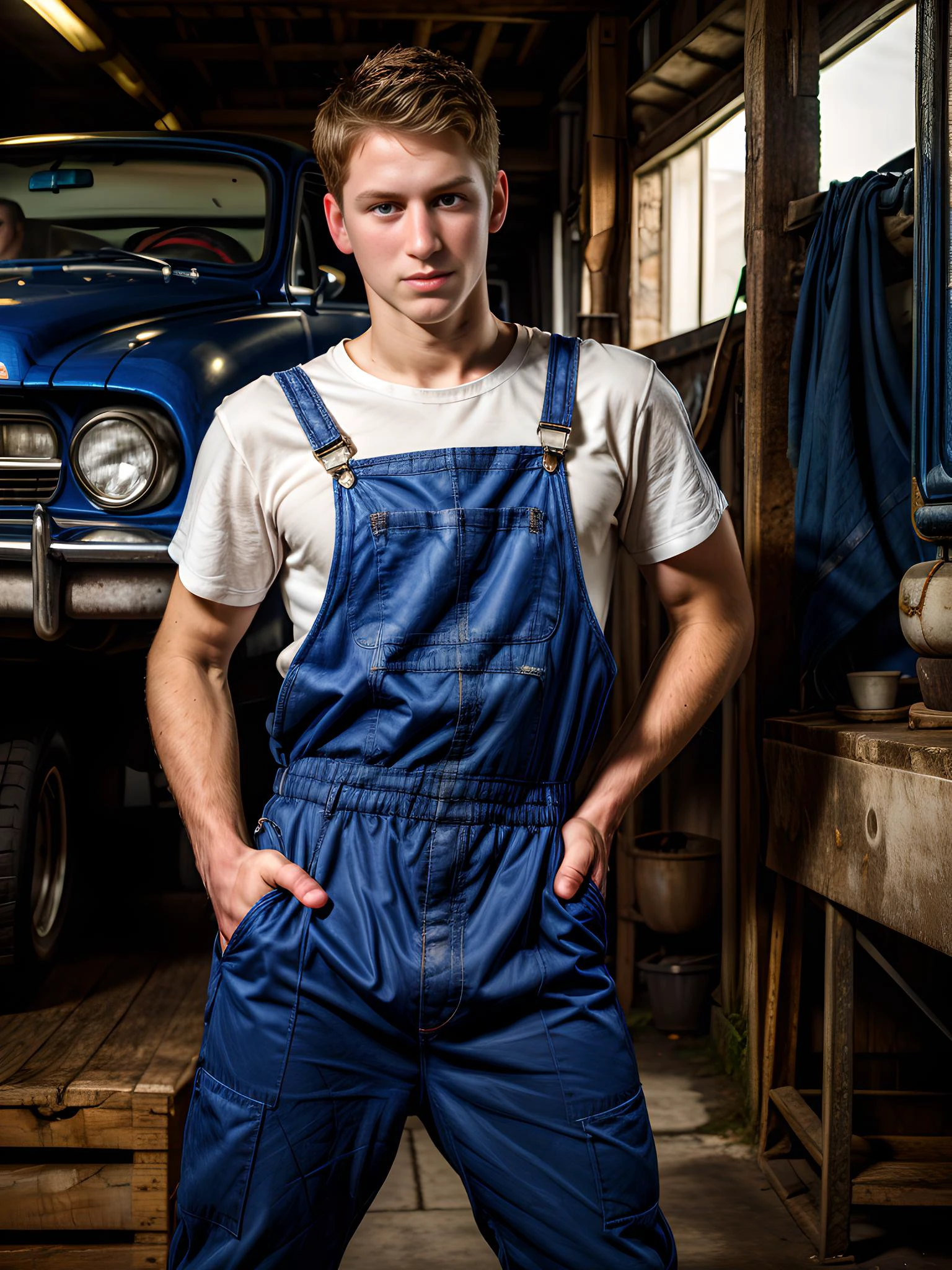 (photo realistic:1.5), wide angle, long shot, (young male:1.5), (20-25 years old), (front view:1.25), (blue eyes:1.2), (crop brown hair:1.2), (slender physique:1.2), (facing viewer:1.2), (standing:1.2), (hands behind back:1.2), lewd, smirk, boredom, wearing (royal blue:1.5) mechanicoveralls, white sneakers, big bulge, (base cap:1.4), car repair shop,
(extremely intricate:1.2), (exquisitely detailed skin), soft lighting, soft colors, mystery, atmospheric, ultra high res, 8k uhd, intricate details, best face, best eyes, best hands, best quality, delicate, detailed face, detailed eyes, masterpiece, film grain
