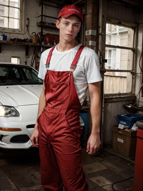 arafed man in red overalls standing in front of a white car